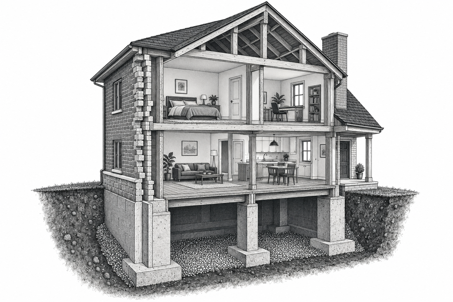 A cutaway house showing its foundation, supporting structure, brick walls, and finished rooms.